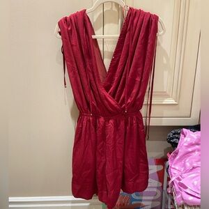 Vici Satin Burgundy double v Elegant Red Draped Dress Romper